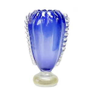 Ercole Barovier Murano Kunstglas Vase blau mit gekräuselten klaren Griffen - Bild 1 von 8