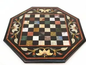 18'' black Marble Chess Table Top Pietra Dura Inlay malachite Children Game p228 - Picture 1 of 4