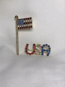 Lote De Colección De 2 Prendedores Patrióticos Bandera Americana Y Estrás Cristal Tono Dorado EE. UU. - Imagen 1 de 11