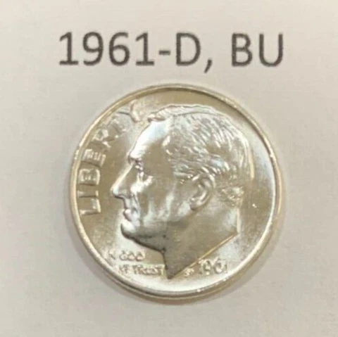 1961 D Roosevelt Dime BU ~ 90% Silver ~ Uncirculated U.S. Coin from Roll ~ D2183 Cover