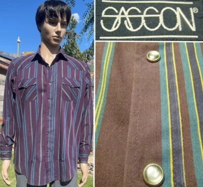 vintage 80's SASSON pearl snap western shirt no iron purple stripes mens Large - Image 1 of 4