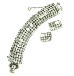 Set orecchini bracciale largo strass trasparenti bianchi vintage ballo sposa - Foto 1 di 12