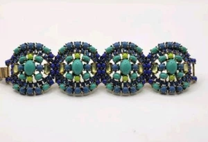 Signed Stella & Dot Blues Cabochon Bracelet Sardinia Panel Link Heavy Adjustable - Picture 1 of 10