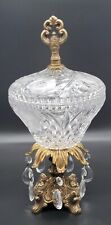 Vtg Crystal Cut & Etched Lidded Bowl Dish Drop Brass Footed Hanging Crystals 