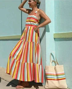 J. Maxi abito girocollo multicolore a righe taglia L 100% cotone made in India boho - Foto 1 di 7