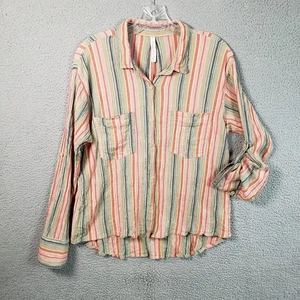 Gramicci Shirt Damen L grün gestreift hauchdünn Crinkle Baumwolle Knopfleiste Cottagecore - Bild 1 von 13