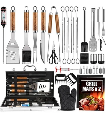 Juego de Parrilla Barbacoa Utensilios de Camping Acero Inoxidable con Alfombrillas Termómetro Cubierta Estuche Foto 1 de 4