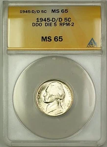 1945-D/D RPM-2 DDO DIE 5 Wartime Silver Jefferson Nickel 5c Coin ANACS MS-65 (H) - Picture 1 of 2