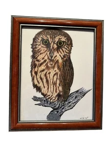 Vtg Northern Saw-Whet Owl Real Art Deco Drawing Painting Signed Capt Jay Wright - Picture 1 of 12