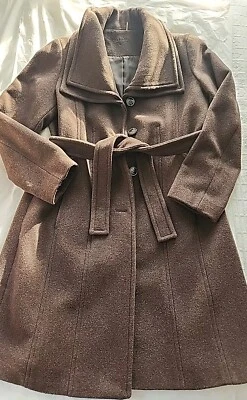 De Colección Calvin Klein Abrigo Chaqueta Mujer Talla 8 Largo Lana Marrón Cinturón Trinchera Cuello Embudo Foto 1 de 4