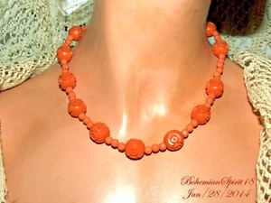 ANTIQUE VINTAGE CARVED CORAL COLOR CELLULOID BEADED STRAND NECKLACE - Picture 1 of 4