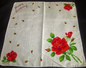 Vintage Hankie Happy Birthday Rose Floral Rosebud Accent - Picture 1 of 5