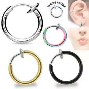 PAIR GOLD RAINBOW BLACK STEEL SPRING ACTION CLIP ON NOSE HOOPS FAKE SEPTUM RINGS - Picture 1 of 2