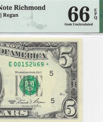 1981 $5 RICHMOND * STAR * ⭐️ FRN. PMG GEM Uncirculated 66 EPQ Banknote. - Image 1 of 3