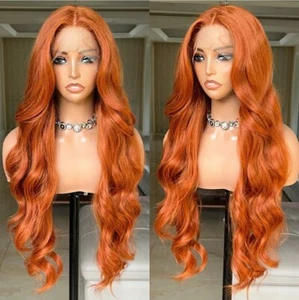 Orange Ginger Red Wig HD Front Lace Human Hair Blend Highlights Wavy Curly - Picture 1 of 2
