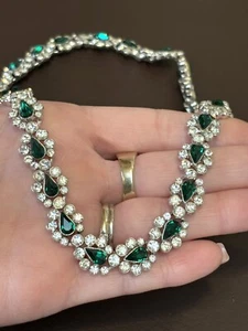 RARE TRIFARI Vintage ART DECO Signed Choker Necklace Green Rhinestones OPULENT!! - Picture 1 of 17
