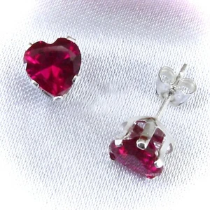 6mm HEART Earrings Ruby Simulant in SOLID Sterling Silver - Picture 1 of 4