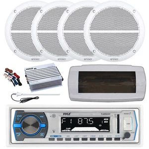 Pyle Bluetooth Marine Radio, Cover, Antenna,Amp w/Kit, 4x 6.5" 90W White Speaker - Picture 1 of 7