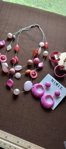 Multi-strand Pink Stones Beads & Faux Pearls Necklace W/ 2 Pairs Of Earrings... - Picture 1 of 14