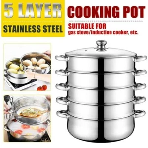 5 Tier Food Steamer Meat Vegetable Cooker Stainless Steel Steam Pot Kitchen Tool - Picture 1 of 12