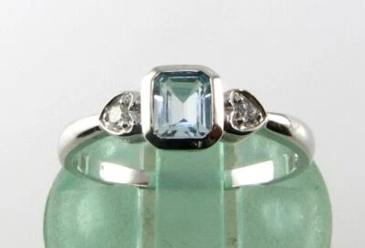 9k 9CT WHITE GOLD AQUAMARINE DIAMOND HEART ART DECO INS RING FREE RESIZE - Image 1 of 4