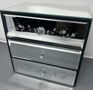 Stunning Large Luxury Mirrored Jewelry Box Beveled Edges / 3 Etched Drawers - Picture 1 of 9