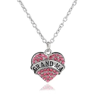 Collana Nonna Cristallo Rosa Amore Cuore Inciso Tono Argento Tata Nonna - Foto 1 di 2