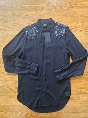 Blusa Top Zara Para Mujer Negra Floral Bordada Con Botones Mediana Nueva Con Etiquetas Foto 1 de 4