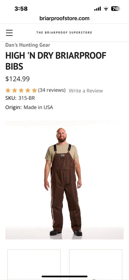 Men’s Hunting Bib Overalls  Briar Proof Made By Dan’s Hunting Gear  Size 54/30 - Image 1 of 4