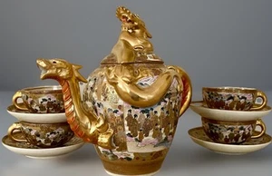 ANTIQUE JAPANESE MEIJI SATSUMA HODODA DRAGONWARE TEA COFFE SET - Picture 1 of 20