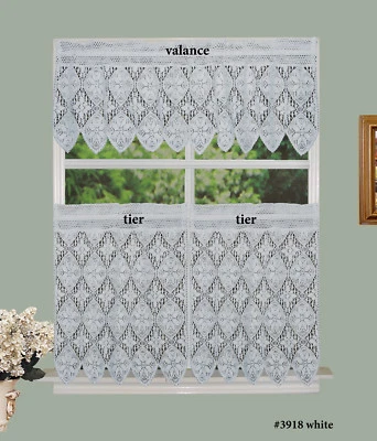 Cenefa de cortina de cocina de encaje de ganchillo tejida blanca y niveles de 30" 3 piezas #3918W Foto 1 de 2
