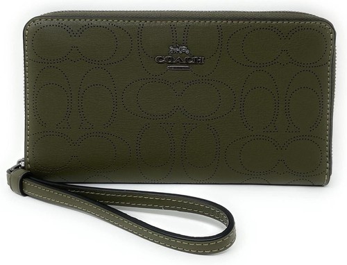 Portafoglio donna Coach grande nuovo con etichette in pelle traforata firma verde alga