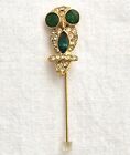 VTG Owl Stick Lapel Pin Brooch Figural Green Rhinestone Animal Jewelry