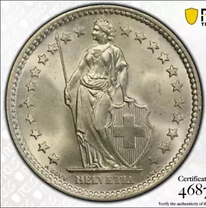 Switzerland, Helvetia, 2 Francs 1958, Silver, KM# 21, PCGS MS65 - Picture 1 of 3