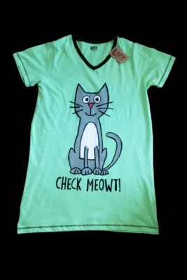 Lazy One V-Neck Graphic Print Cat Green Nightshirt S/M "Check Meowt"  Funny Nwt - Image 1 of 4