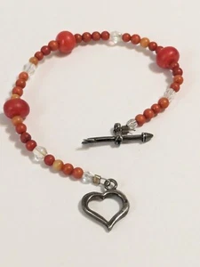 Orange Glass Heart & Arrow Toggle Closure Beachy BOHO Bracelet. 5 3/4 In. - Picture 1 of 11