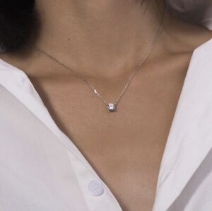 NECKLACE 18KT WHITE GOLD DAINTY ROUND CUT SOLITAIRE NECKLACE 5.5MM CLEAR CRYSTAL