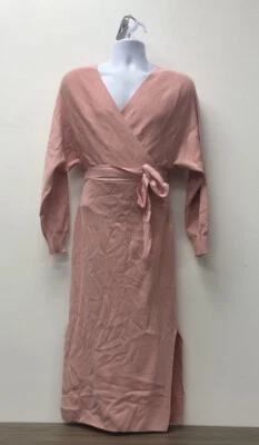 Vestido rosa envolvente para mujer manga completa cuello en V vestido largo completo con cintura con cinturón Foto 1 de 3