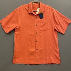 Tommy Bahama Hawaiian Shirt Mens S/P Orange Tiki Palms Jacquard 100% Silk Camp - Picture 1 of 9
