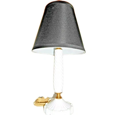  Lámpara de mesa de vidrio blanco espiral de colección con base de rascacielos Art Deco con pantalla negra Foto 1 de 4