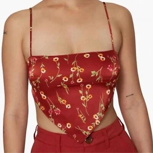WeWoreWhat Y2K Bandana Crop Top Taglia Small Rosso Floreale Raso Cravatta Schiena Festival - Foto 1 di 10