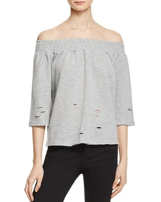 Honey Punch Distressed Off-the-Shoulder Top Grey Large Style #7IT0028M-1 J - Image 1 of 3