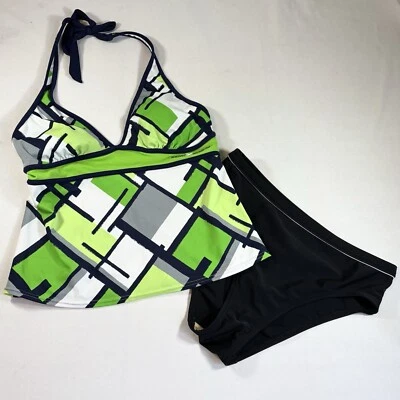 Biquíni Tankini Feminino Zeroxposur 2 Peças Preto Verde Branco Tamanho 10/Médio - Imagem 1 de 4