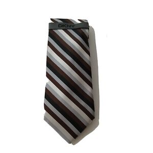 DKNY Silk Tie Necktie Men Brown Black Gray Sashimi Stripe 57" Long x 3" Wide NEW