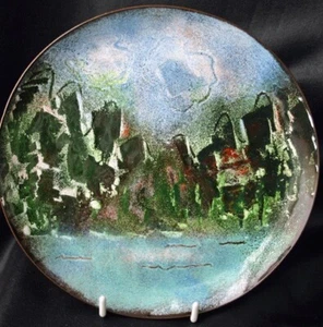 Vintage Enamel on Copper Lake Scene Signed THEL Dish - Picture 1 of 4