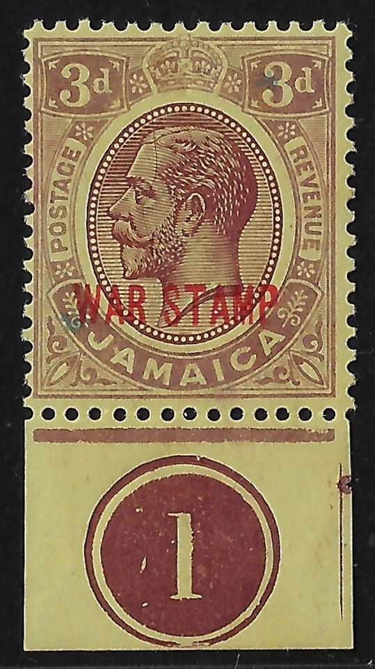 Control de impuestos de guerra de Jamaica # único Scott MR11/SG 77.  3 d. Púrpura/amarillo.  (a4780 Foto 1 de 3