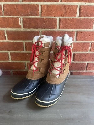 Женские American Eagle утка ботинки размер 7 резиновый изолированный дождя ботинки желтовато-коричневый черный - Изображение 1 из 4