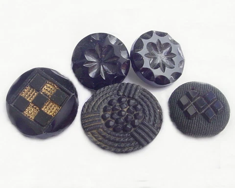 5 ANTIQUE BLACK GLASS BUTTONS and FABRIC with GLASS Cover