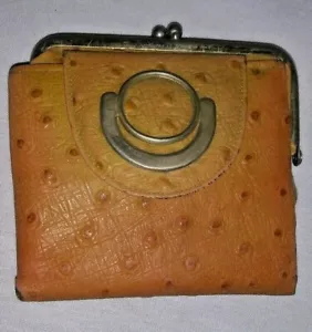 VTG DECO OSTRICH EMBOSSED 🐮 COWHIDE LEATHER WALLET COINPURSE 💲 SIGN ON HINGE - Imagen 1 de 7