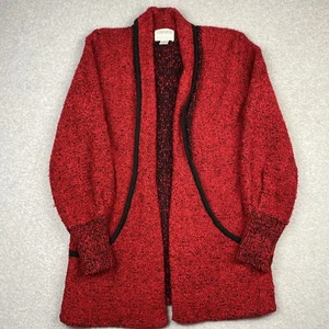 Side Effects Cardigan Sweater Open Front Red Oversize Pockets Sz S Black Trim - Picture 1 of 10